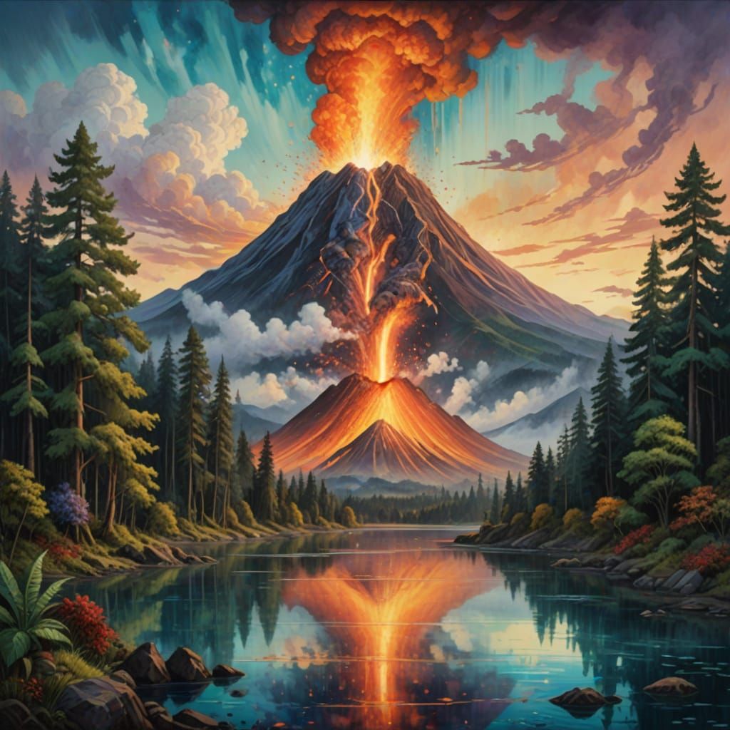 Epic Watercolor Art of a Volcano Erupting in a Fantasy Fores...
