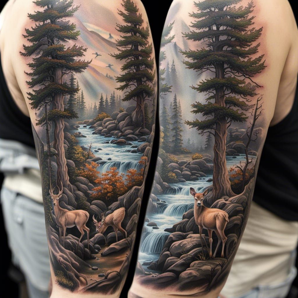 Woodland Tattoo Design with Mountain Stream