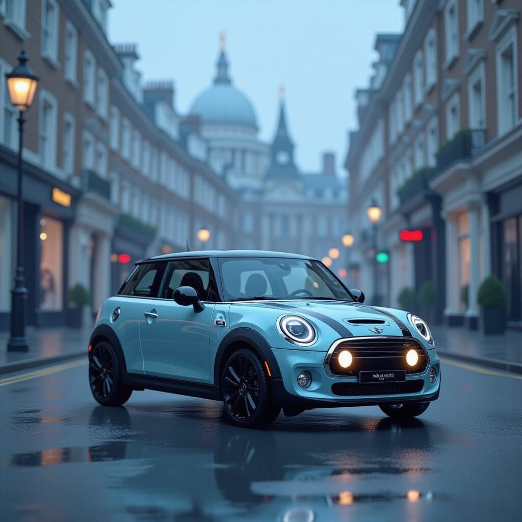Mini Cooper on Misty London Street in Syd Mead Style