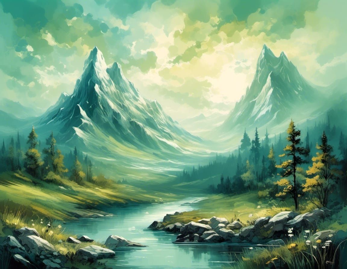 Mountain River Flows to Green Valley in Grungy Light