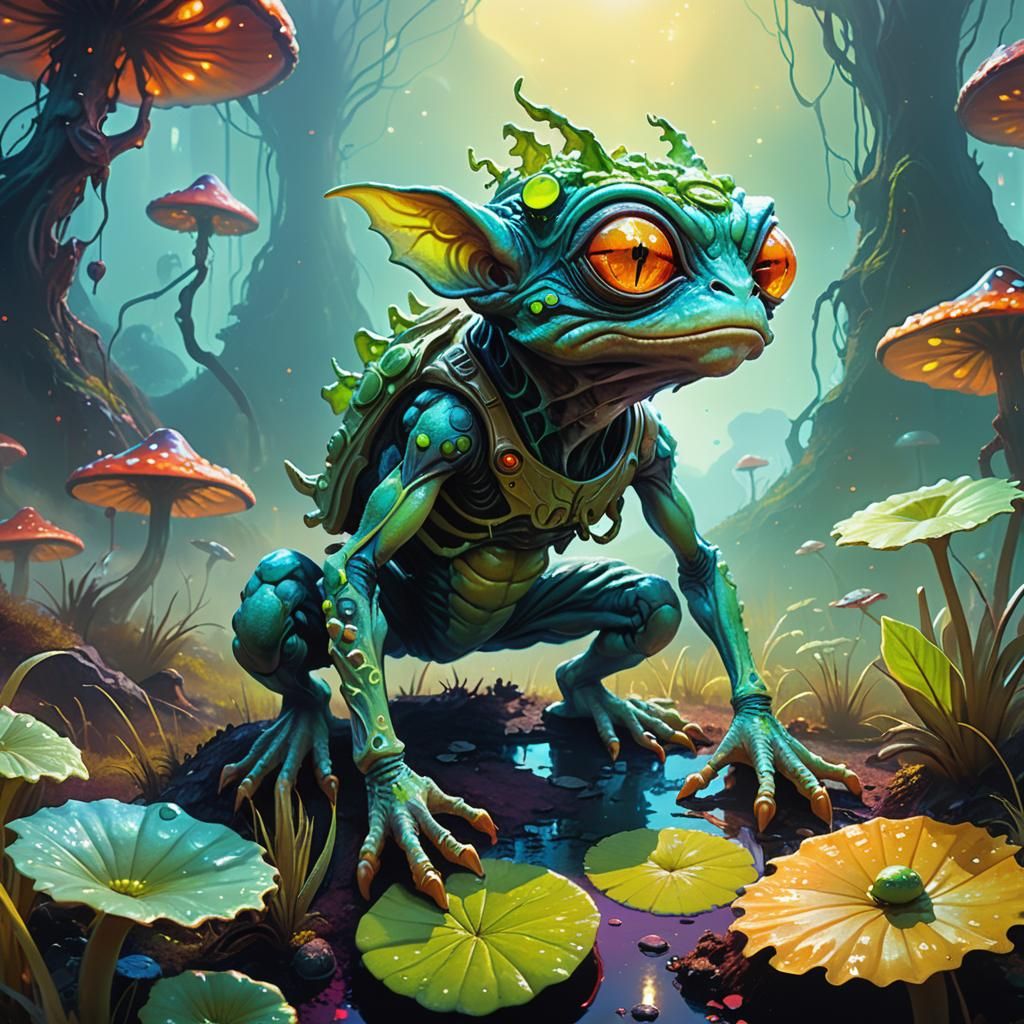 Gremlin-Frog Alien in Lush Exoplanet Habitat