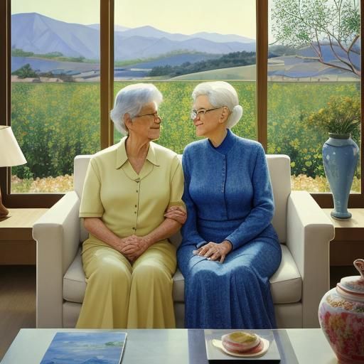 Art by David Hockney, serene portrait, lesbian couple, older and younger woman holding hands, overlooking a vibrant Cali...