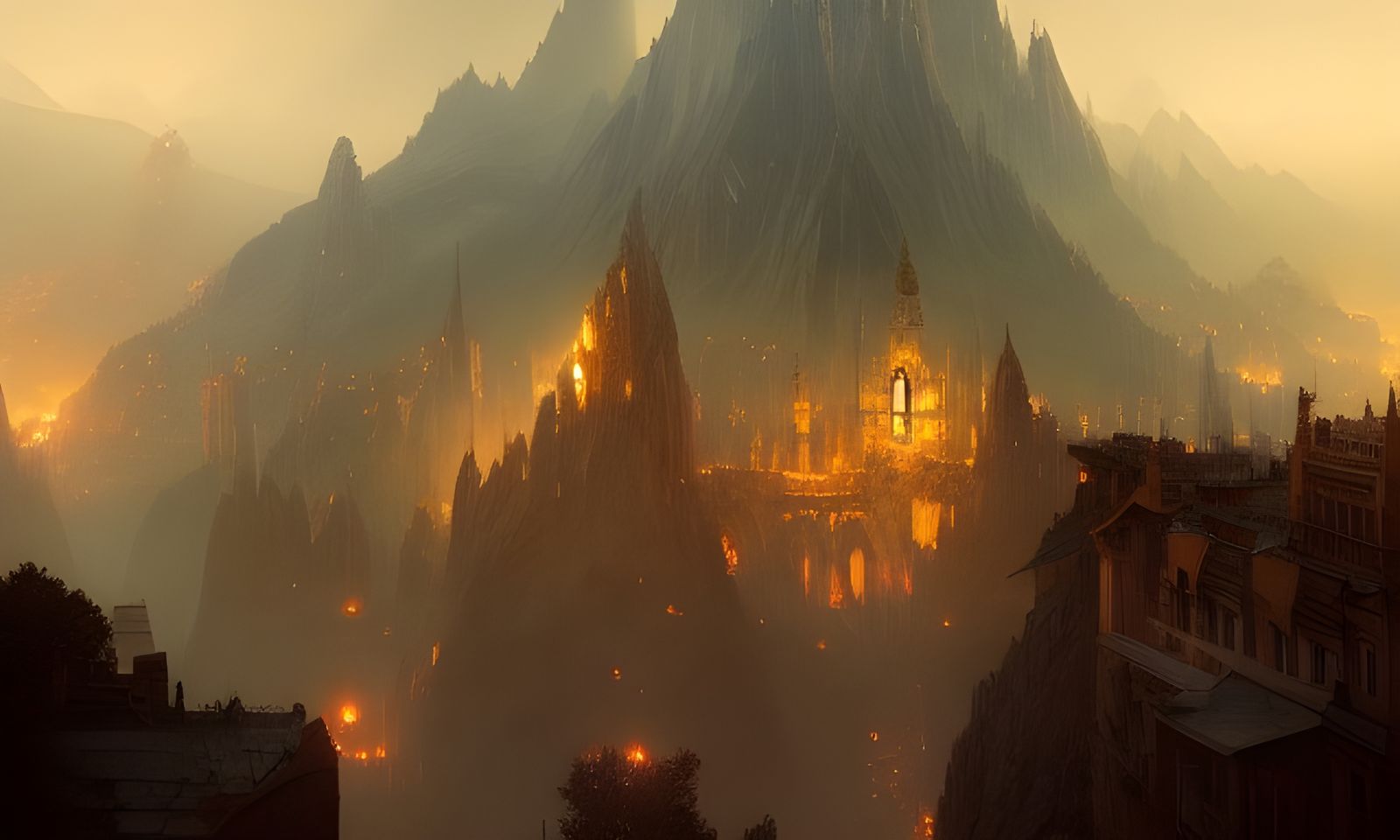Epic Mountain City in Dark Fantasy Style