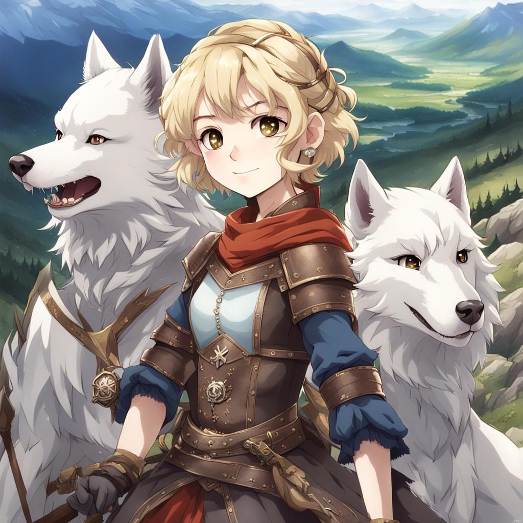 Girl Riding White Wolf in Anime Style