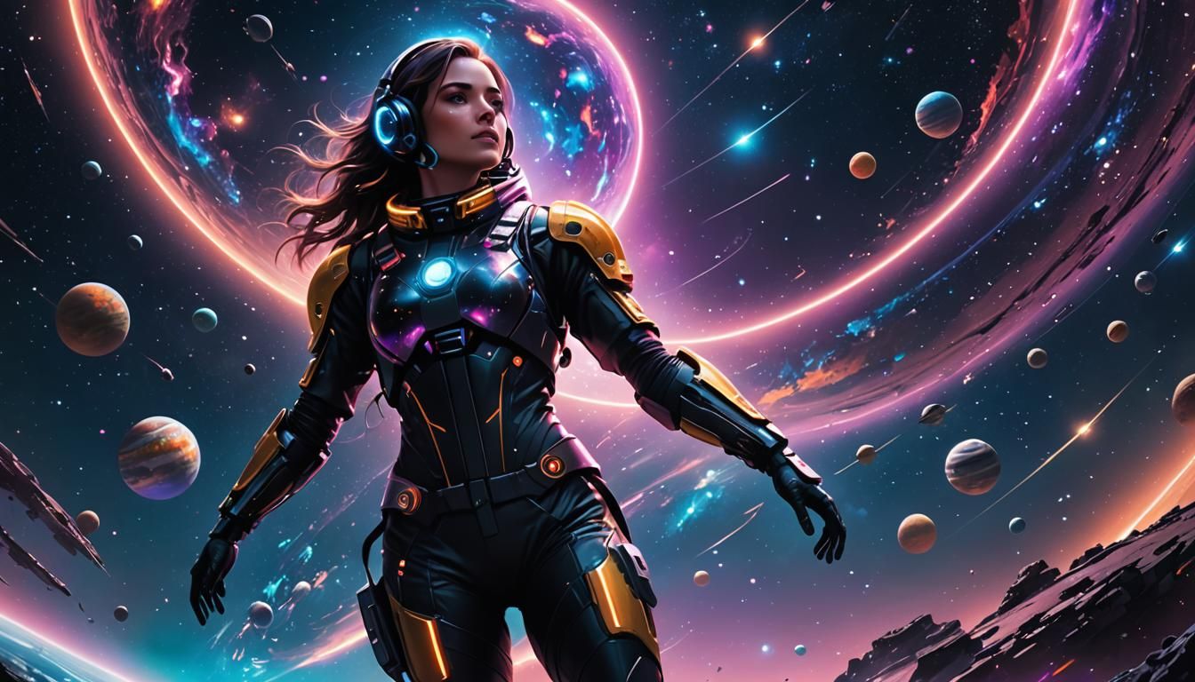 Astronaut Girl Floating in Cyberpunk Cosmos