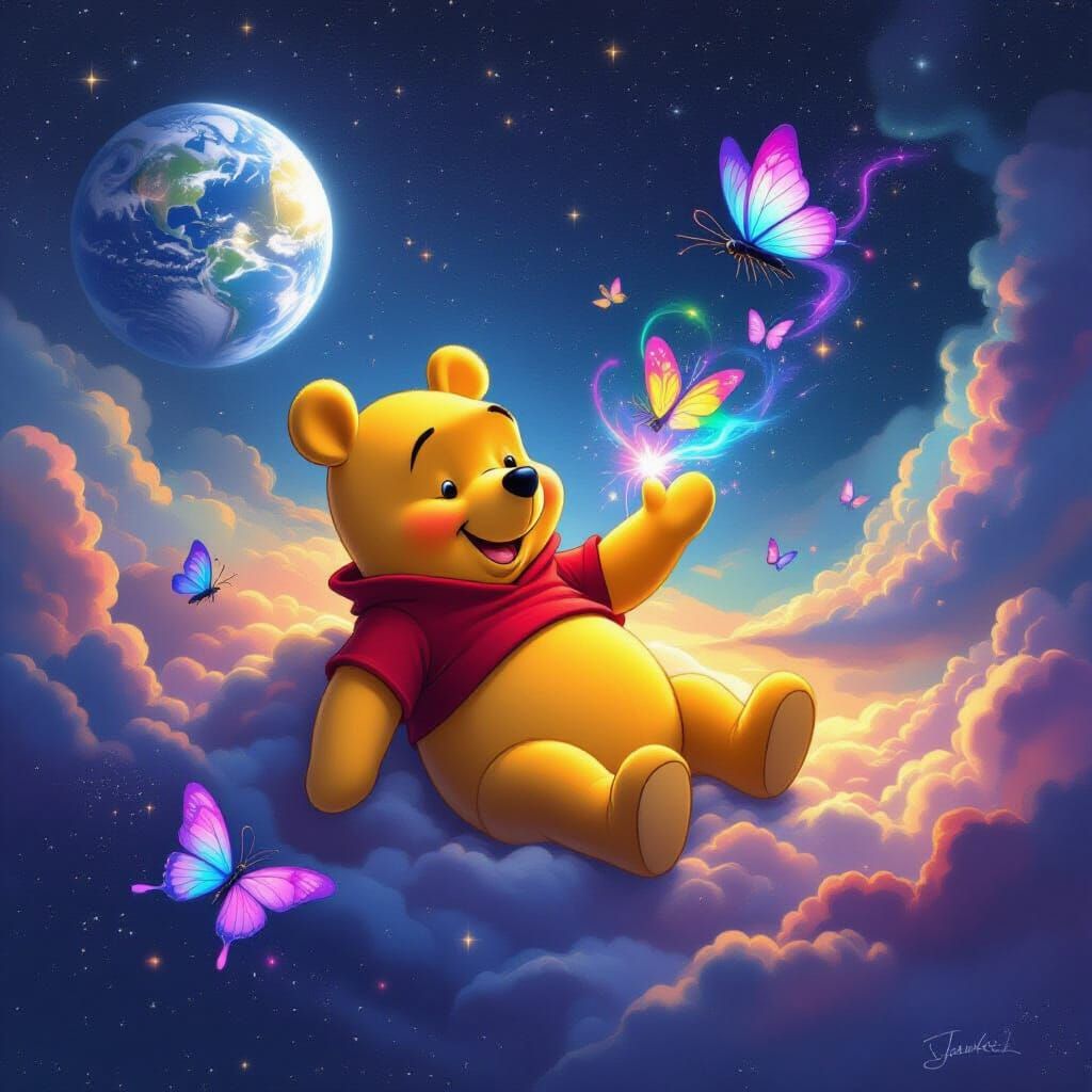 Winnie the Pooh Floats in Space with Rainbow Butterflies