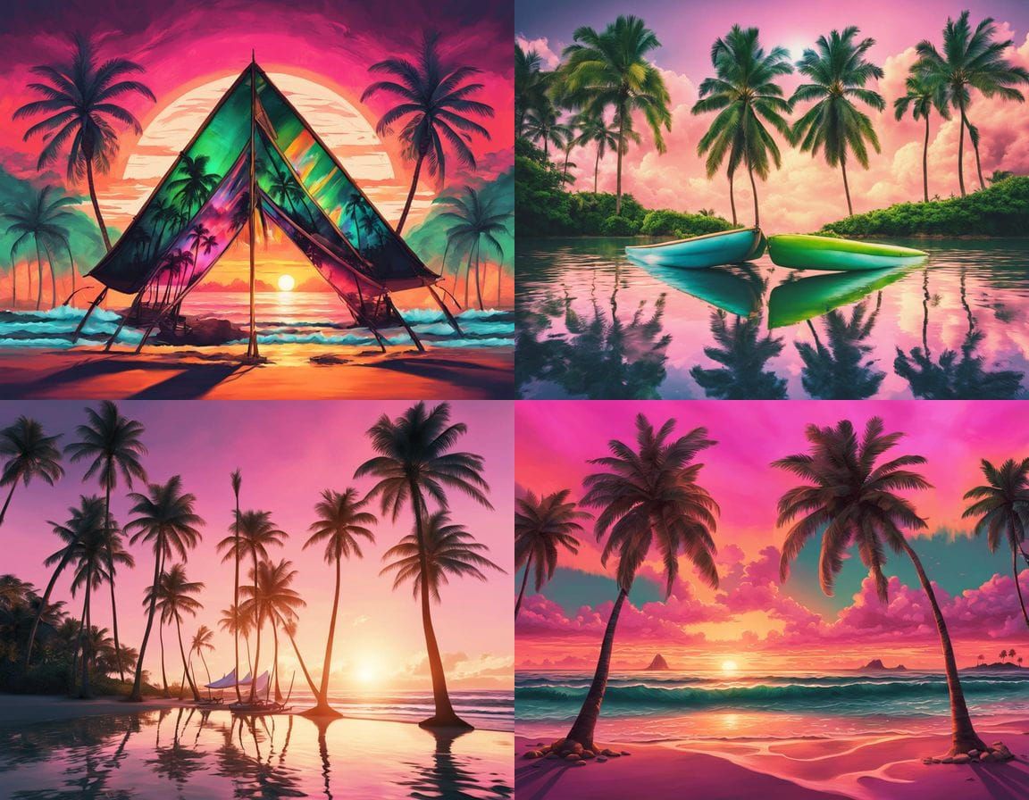 Tropical Palm Trees Amidst Double Exposure Surfboards in Sun...