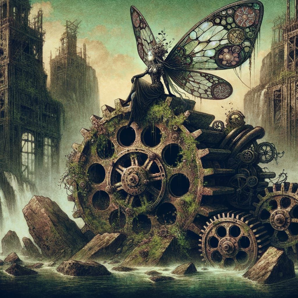 Gothic Fairy on Derelict Machine in Hand-Painted Style