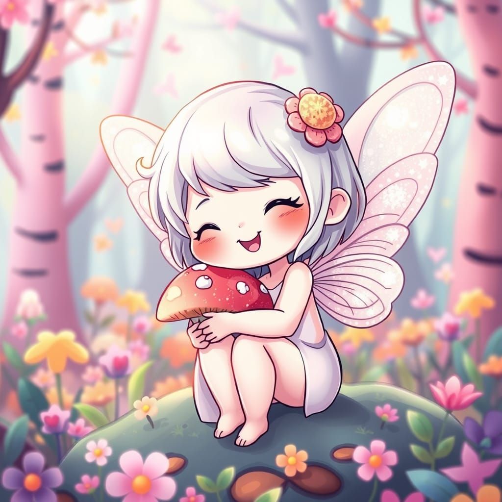 Chibi Fairy Hugs Kawaii Mushroom in Whimsical Forest