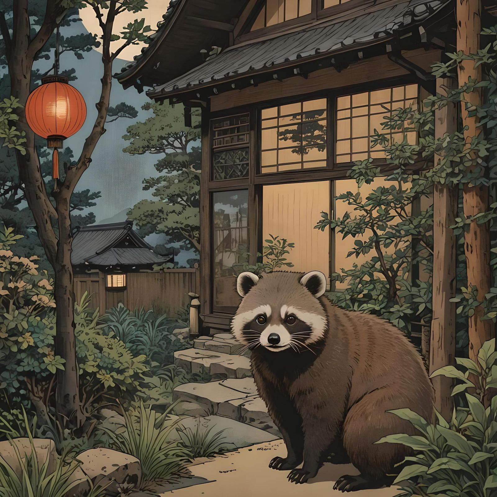Tanuki Protector in Ukiyo-e Style