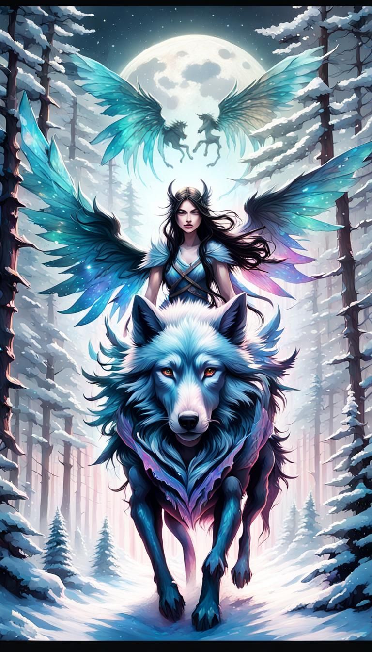Winged Fairy Warrior on Dire Wolf in Graffiti Art