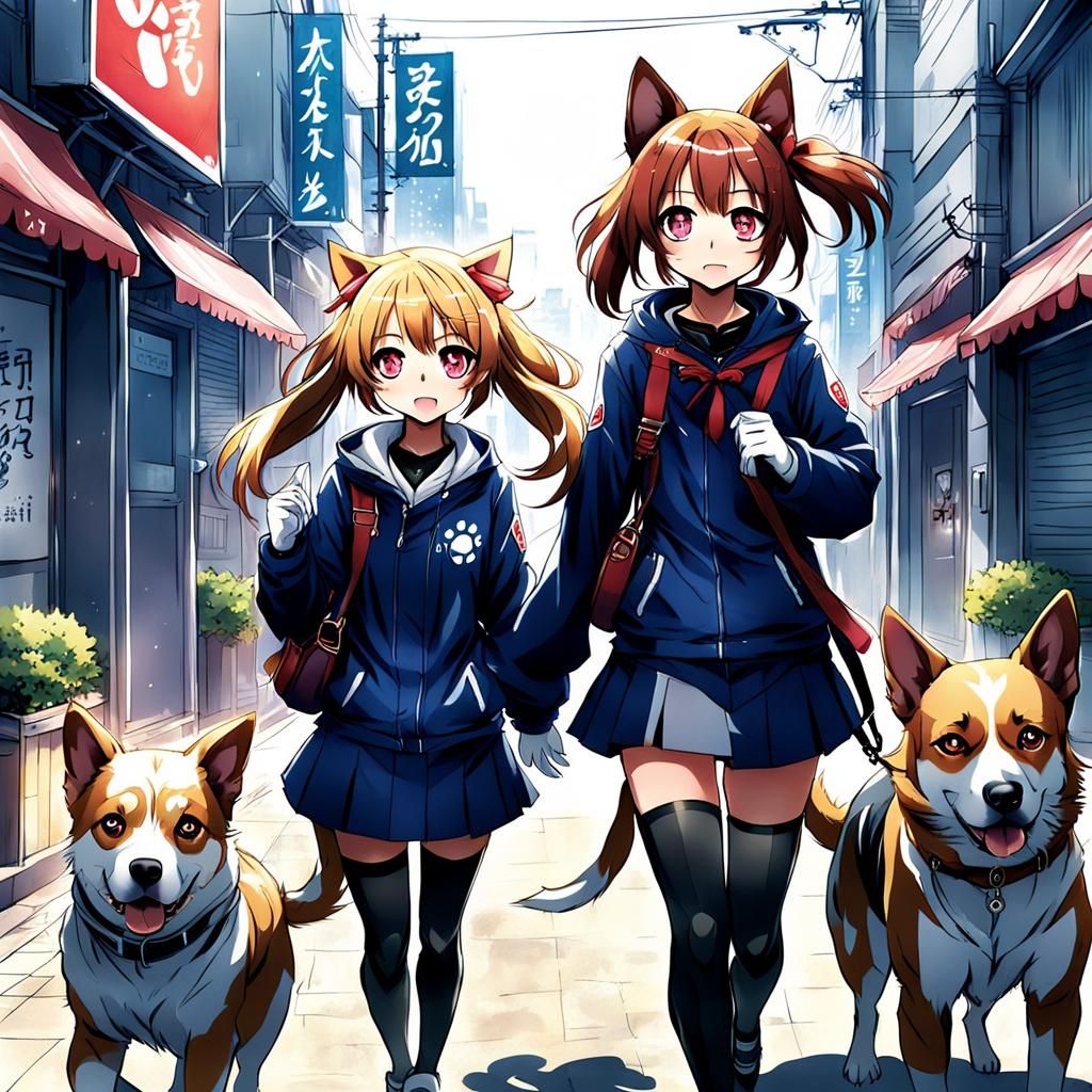 Anime Dog Girls in Japanese Manga Style