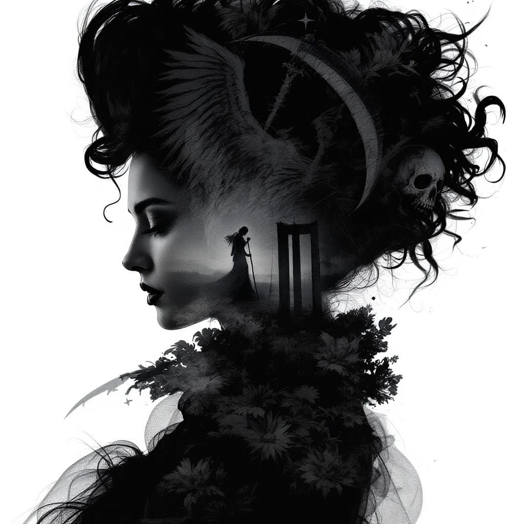 Macabre Double Exposure of a Death Angel and Marie Antoinett...