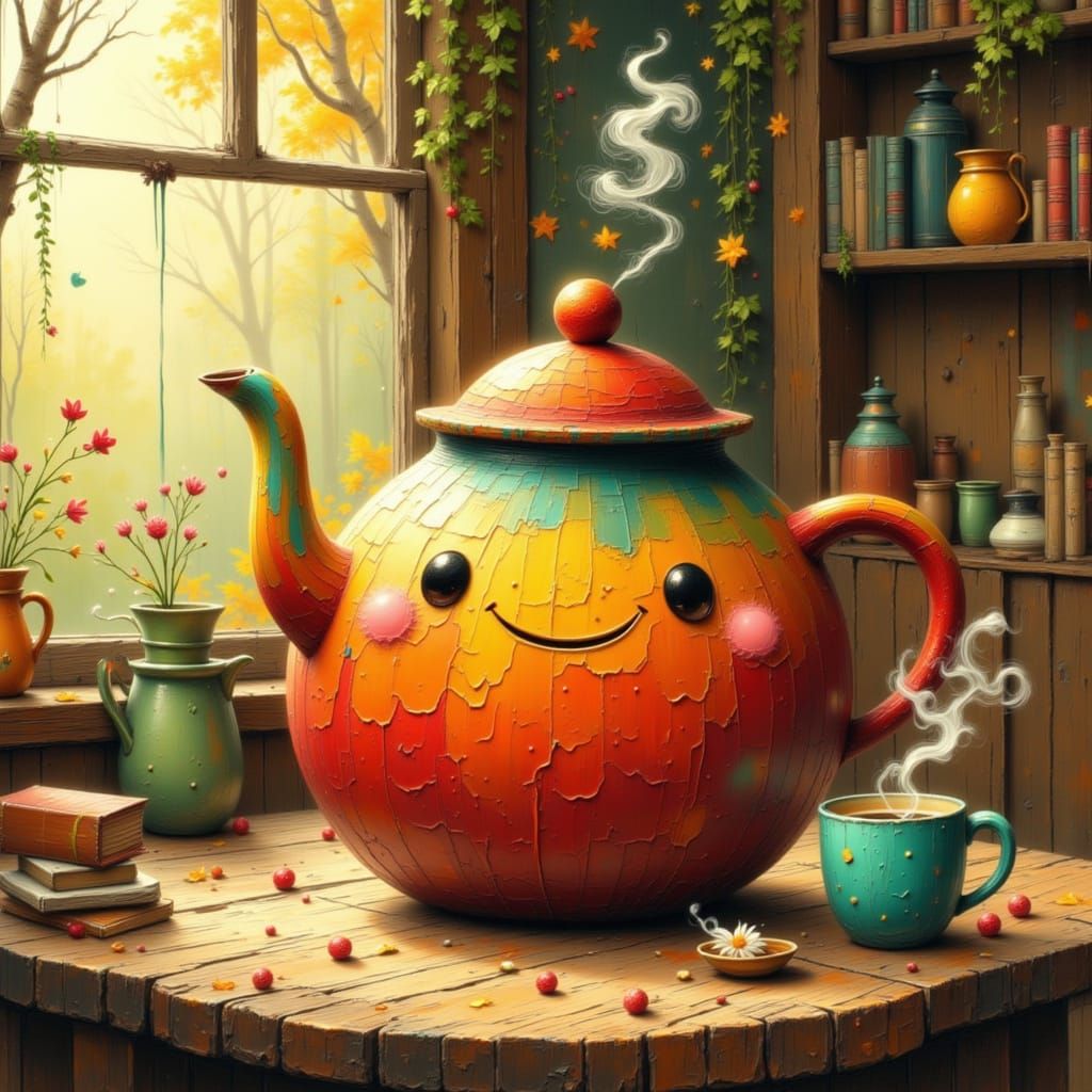 Whimsical Teapot Grins on Rustic Table