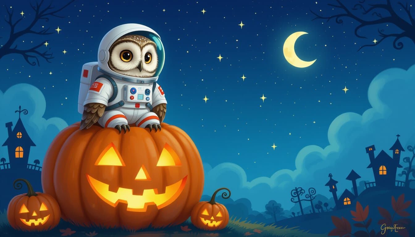 Owl in Astronaut Suit on Pumpkin