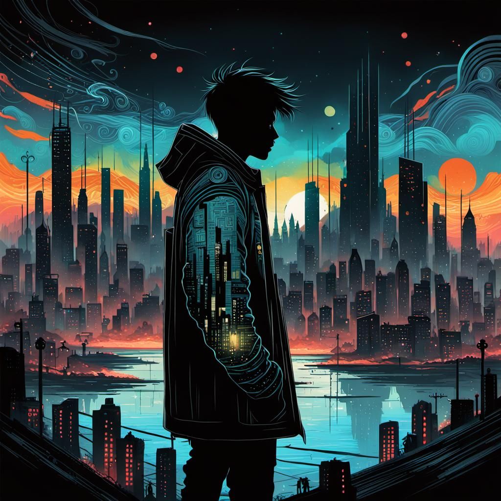 Cyberpunk City Silhouette with Bioluminescent Sunset