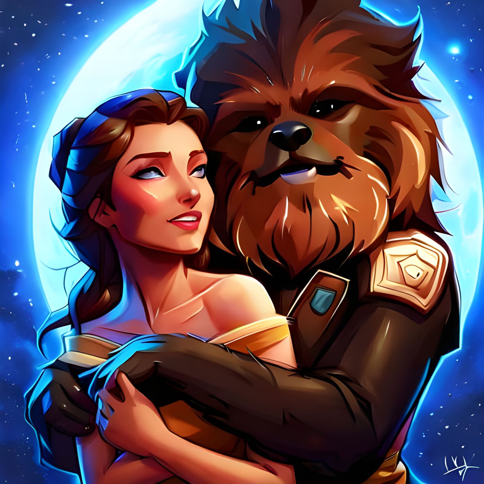 Chewbacca and Belle Hug in Space, CGI Art