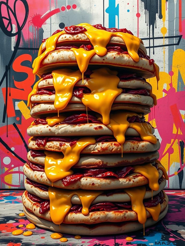 Vibrant Pizza Pile with Graffiti Art Background