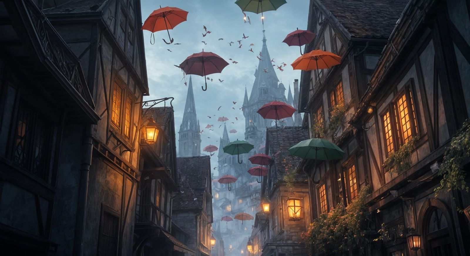Ethereal Umbrellas Ascending in a Medieval Cityscape