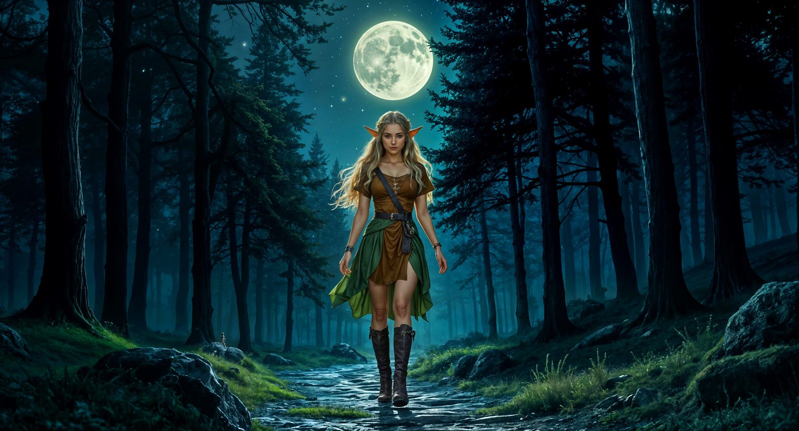 Elven Woman in Moonlight Fantasy Forest
