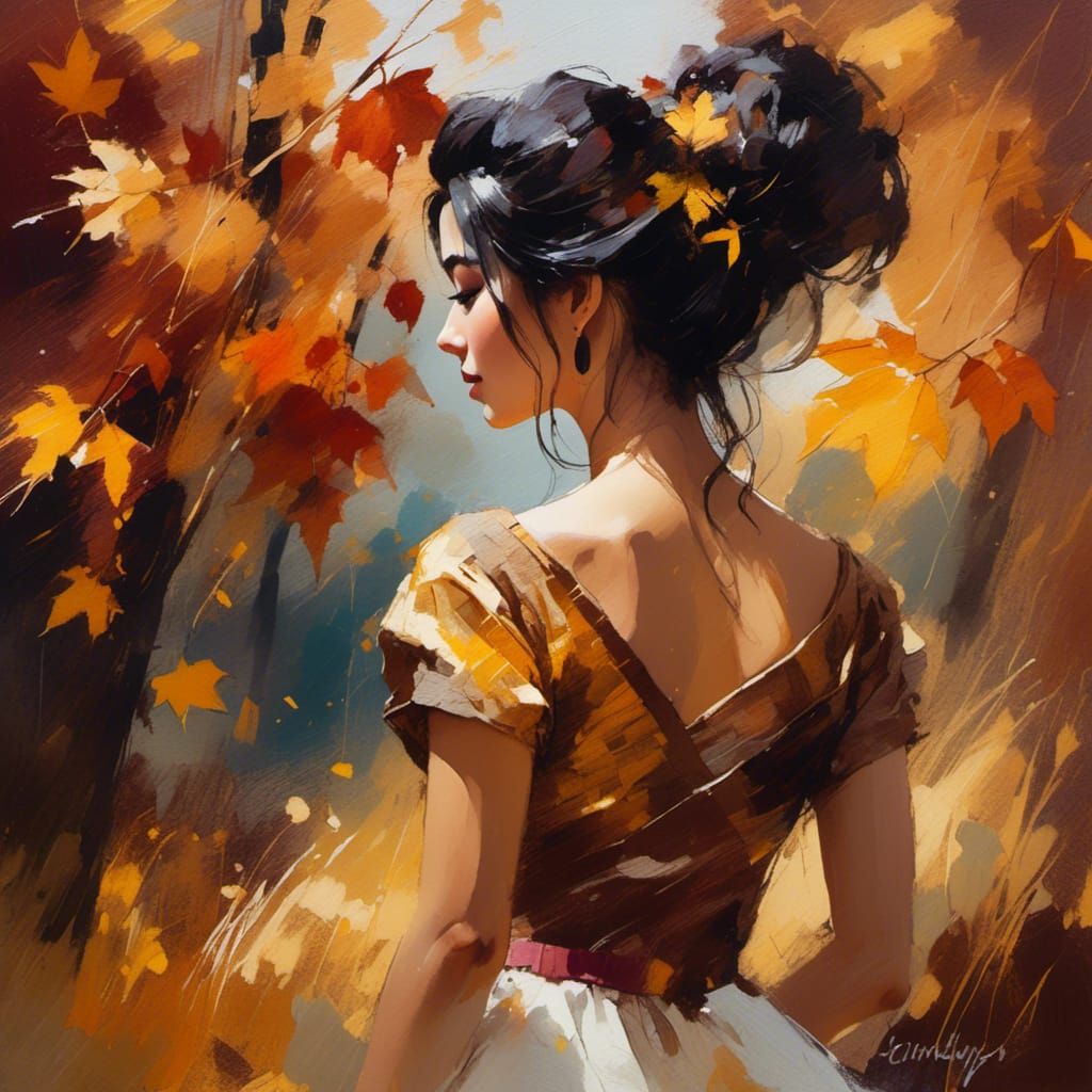 Autumn Woman in Garden: Oil Painting in Impressionist Style