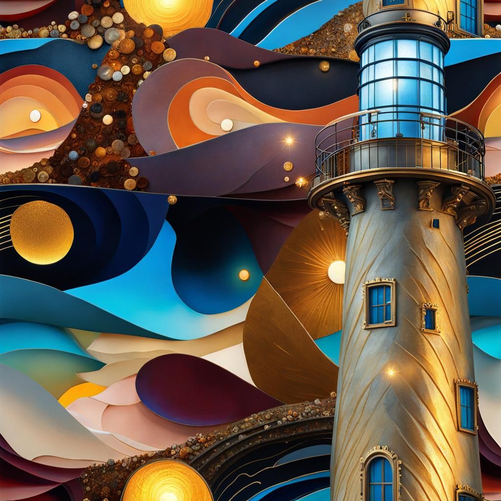 Lighthouse in Stormy Sea, Klimt-Inspired Digital Art