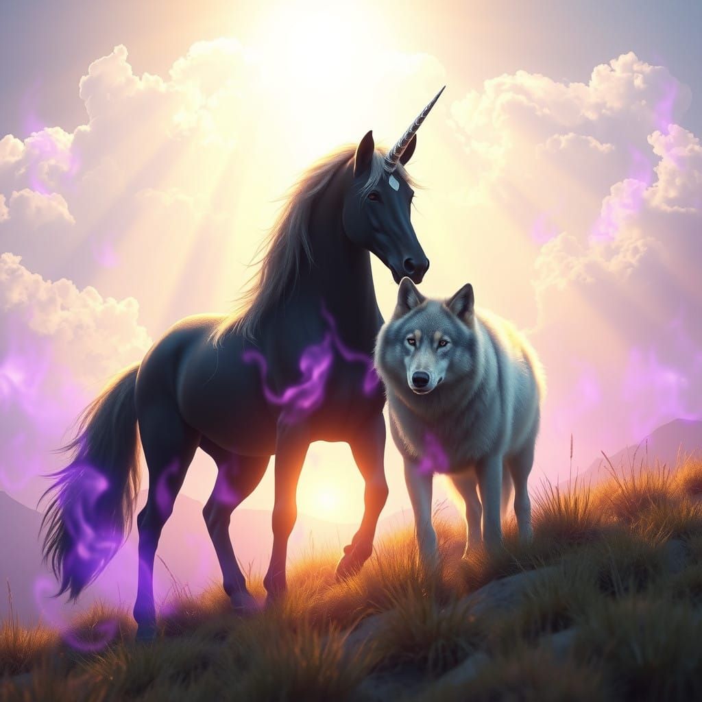 Dreamlike Encounter of a Black Unicorn and Wolf Amidst Purpl...