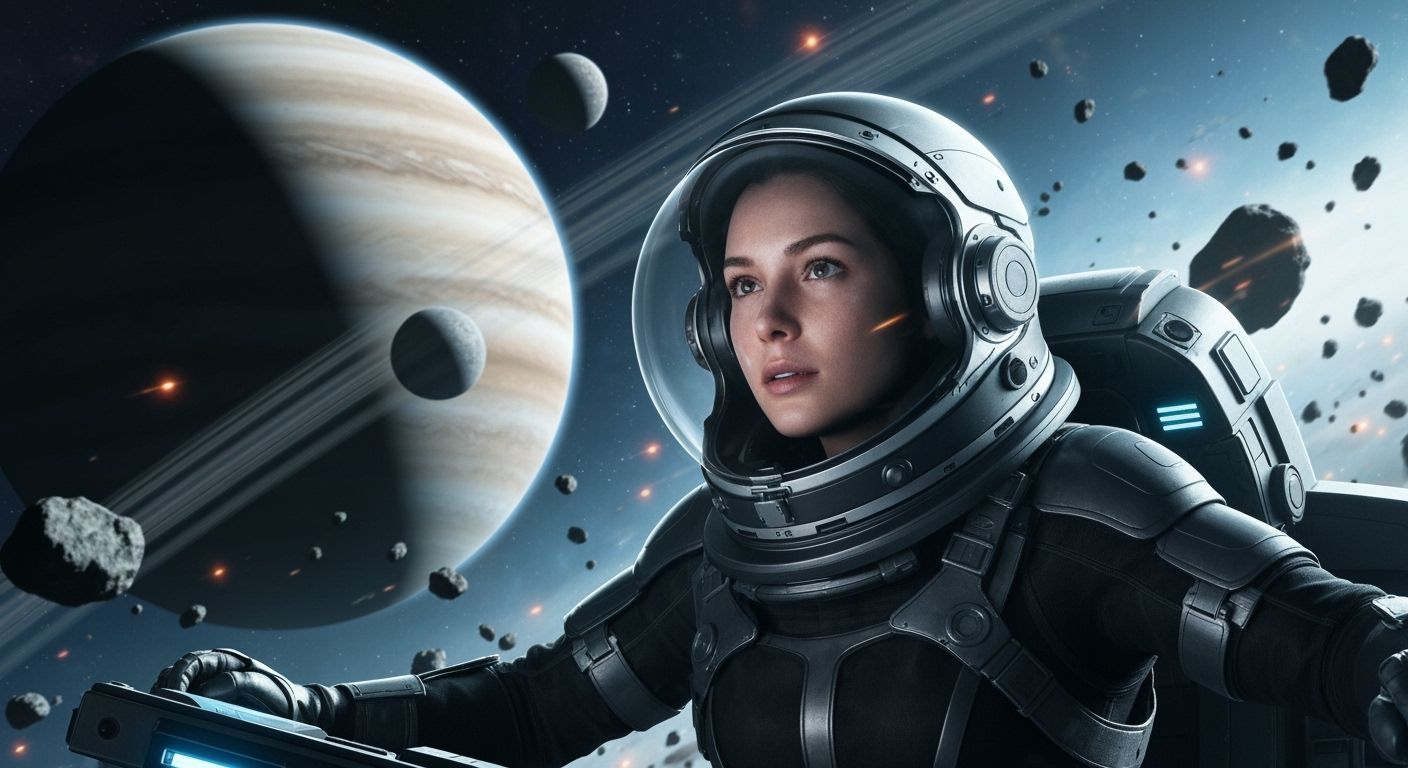 Astronaut Navigating Asteroid Field in Sci-Fi Style