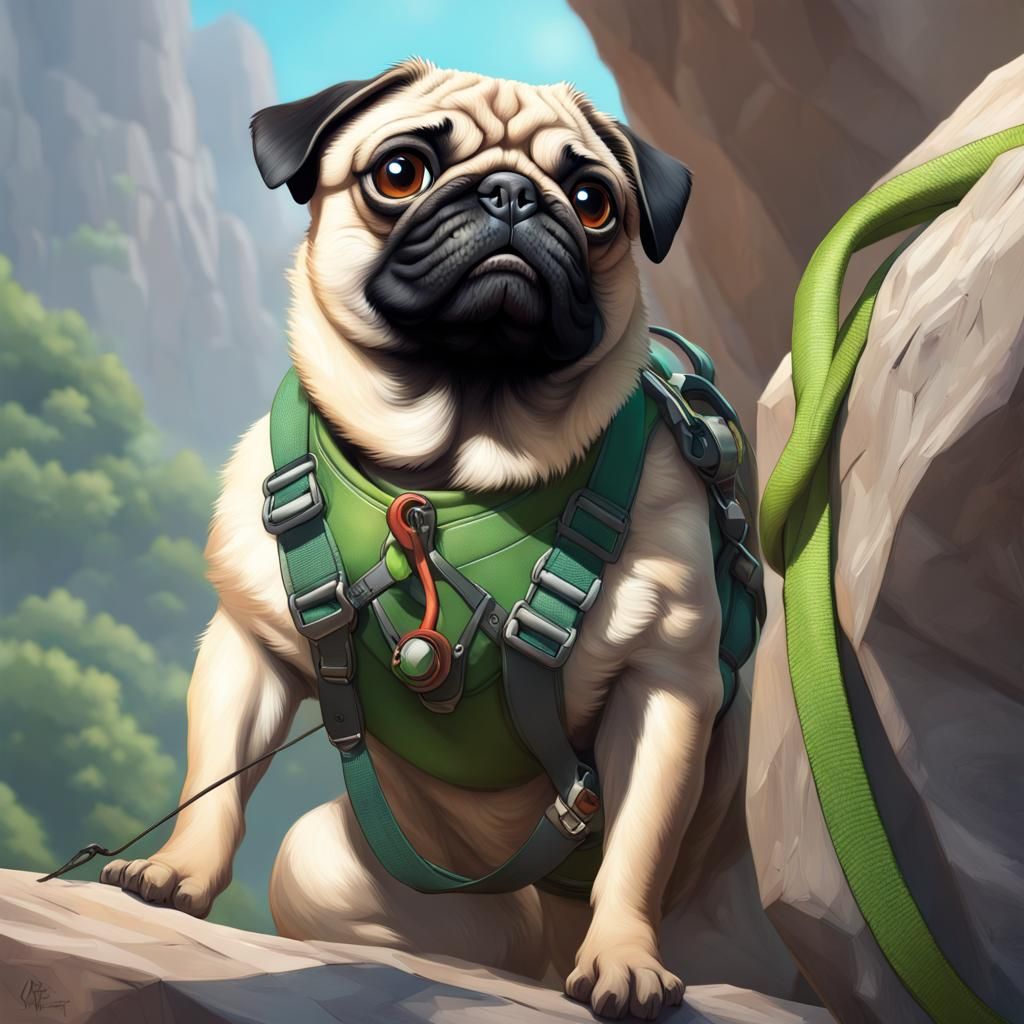 Pug Rock Climber Portrait in Hyperdetailed Digital Art