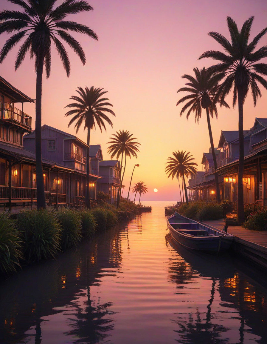 Serene Anime-Style Seaside Cityscape at Sunset