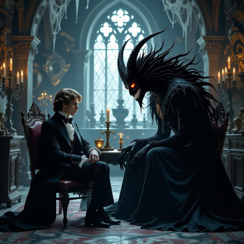 Victorian Man Confronts Dark Shadow in Gothic Chamber