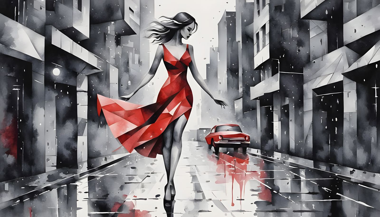 Woman in Red Dress Dancing in Brutalist Cityscape