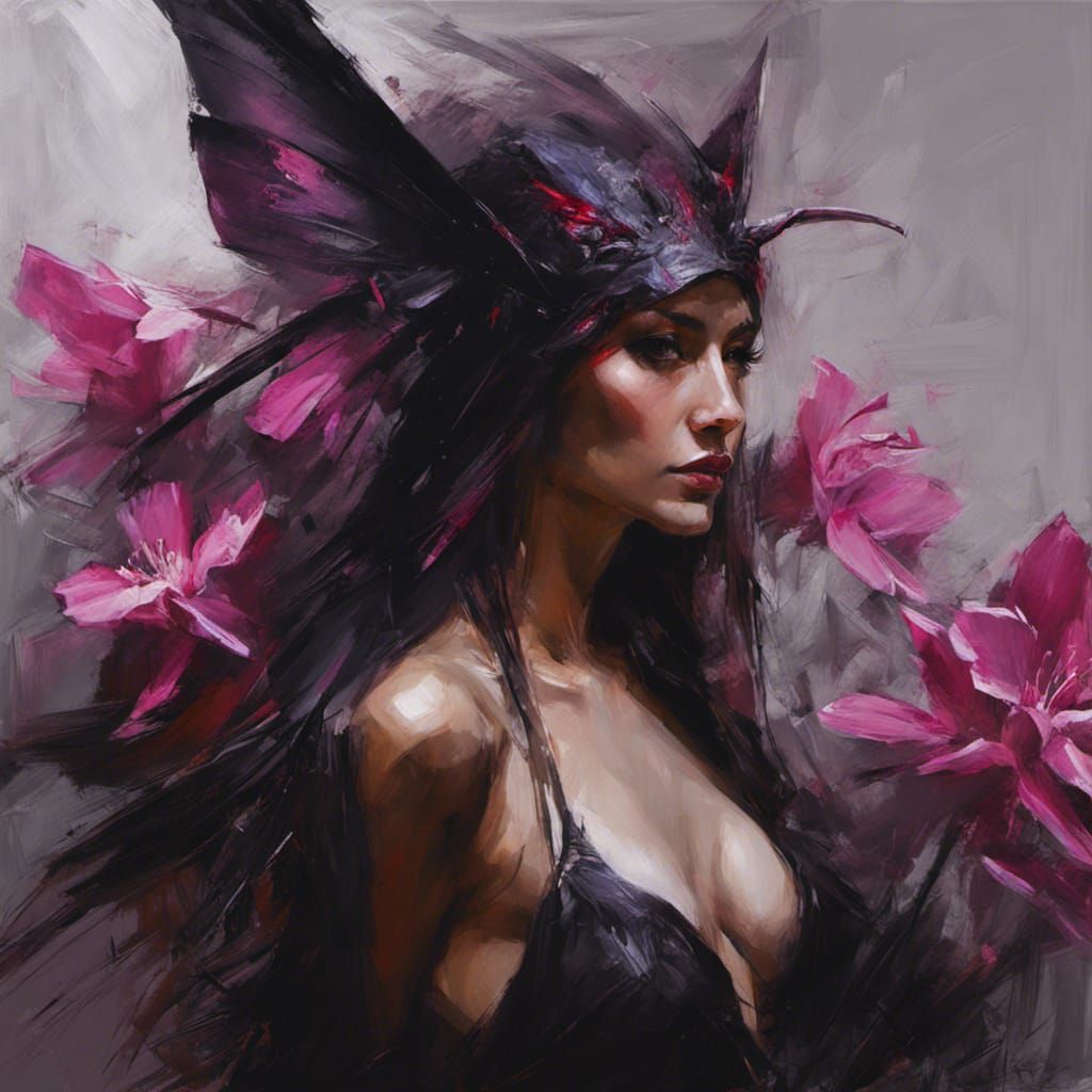 Dark image of a woman with Oleander flowers.