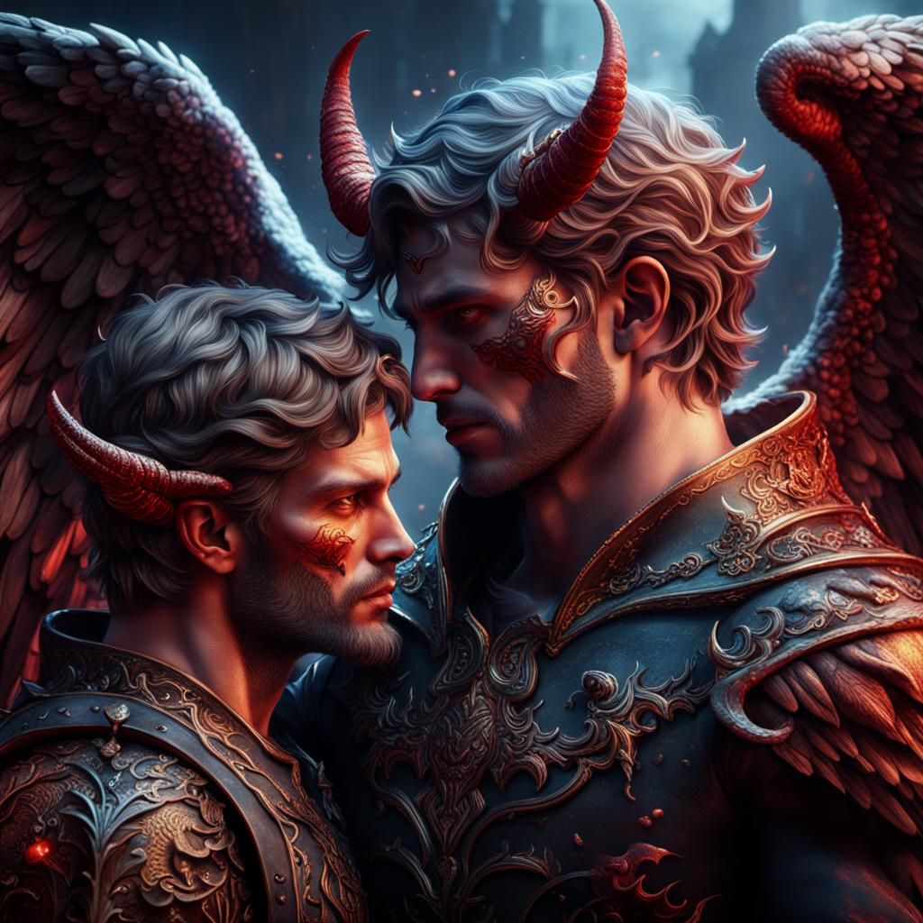 Male Angel Kissing Devil: Fantasy Concept Art