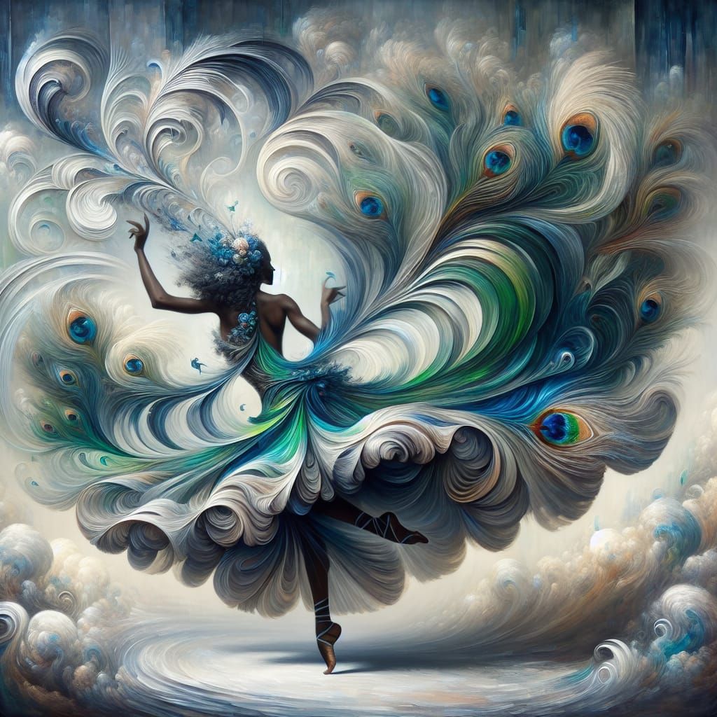 Surreal Oil Painting of a Black Dancer in Peacock Feathers