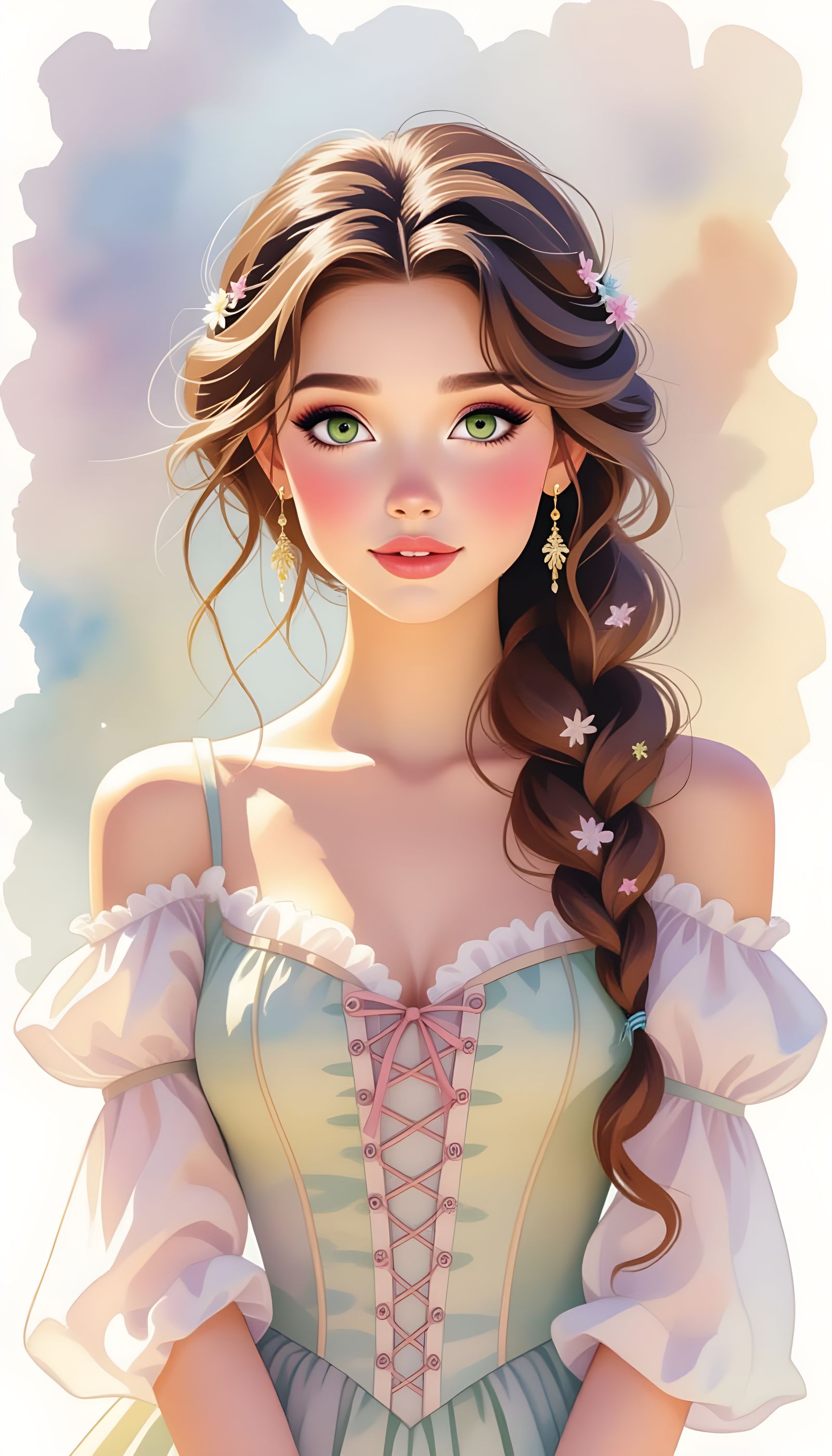 Watercolor Portrait of a Beautiful Girl with Expressive Eyes