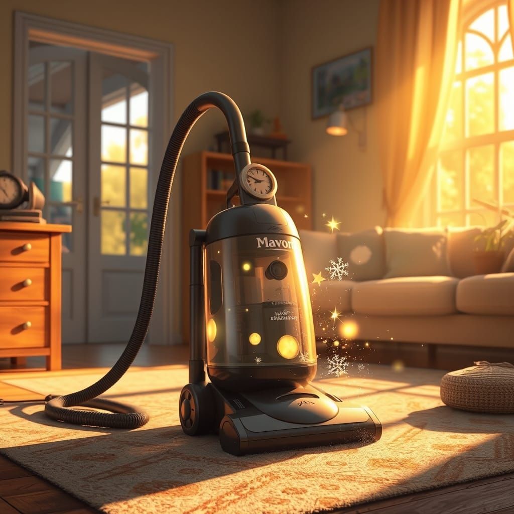 Enchanted Vacuum Cleaner Cleans Cozy Room in Miyazaki Style