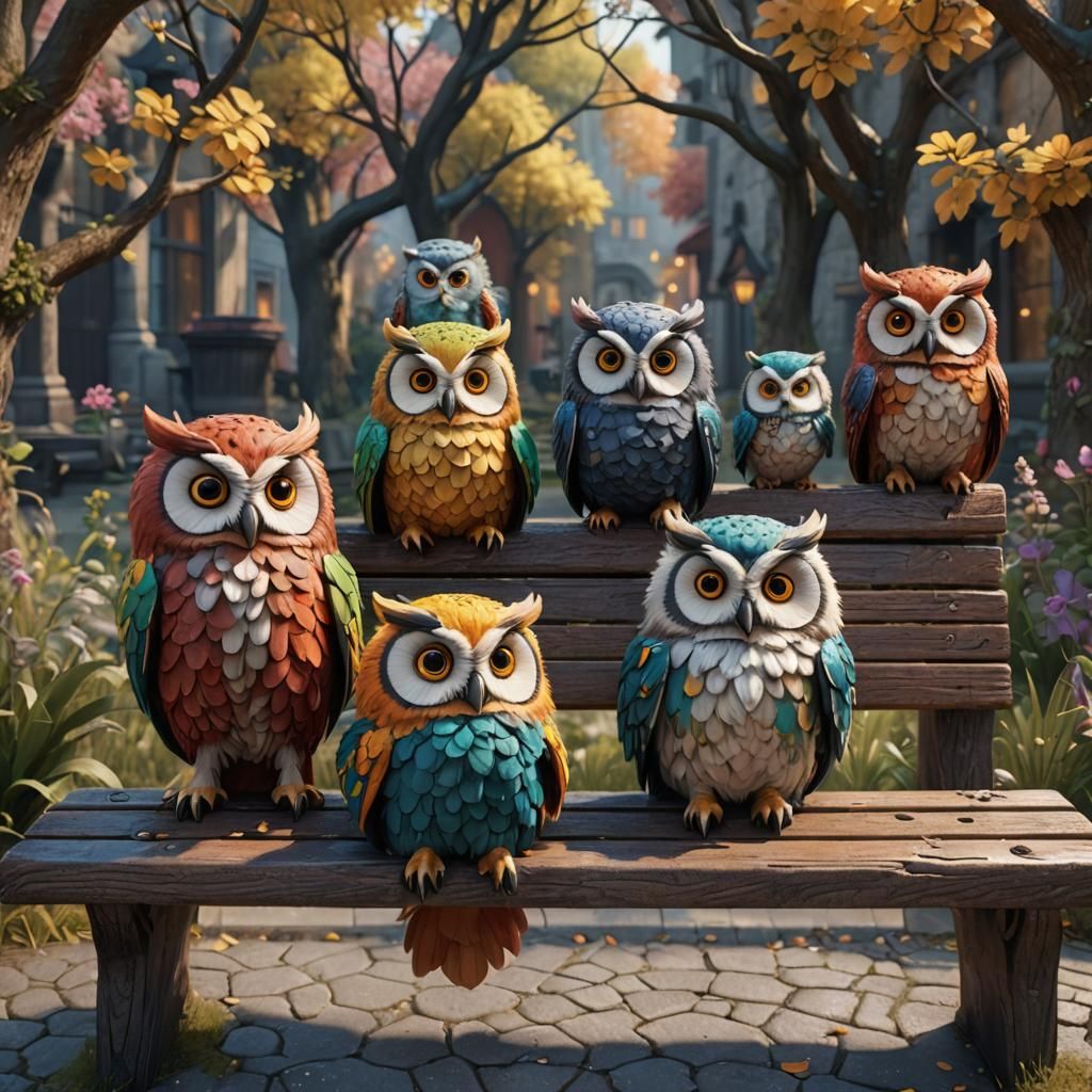 Colorful Fluffy Owls on a Bench