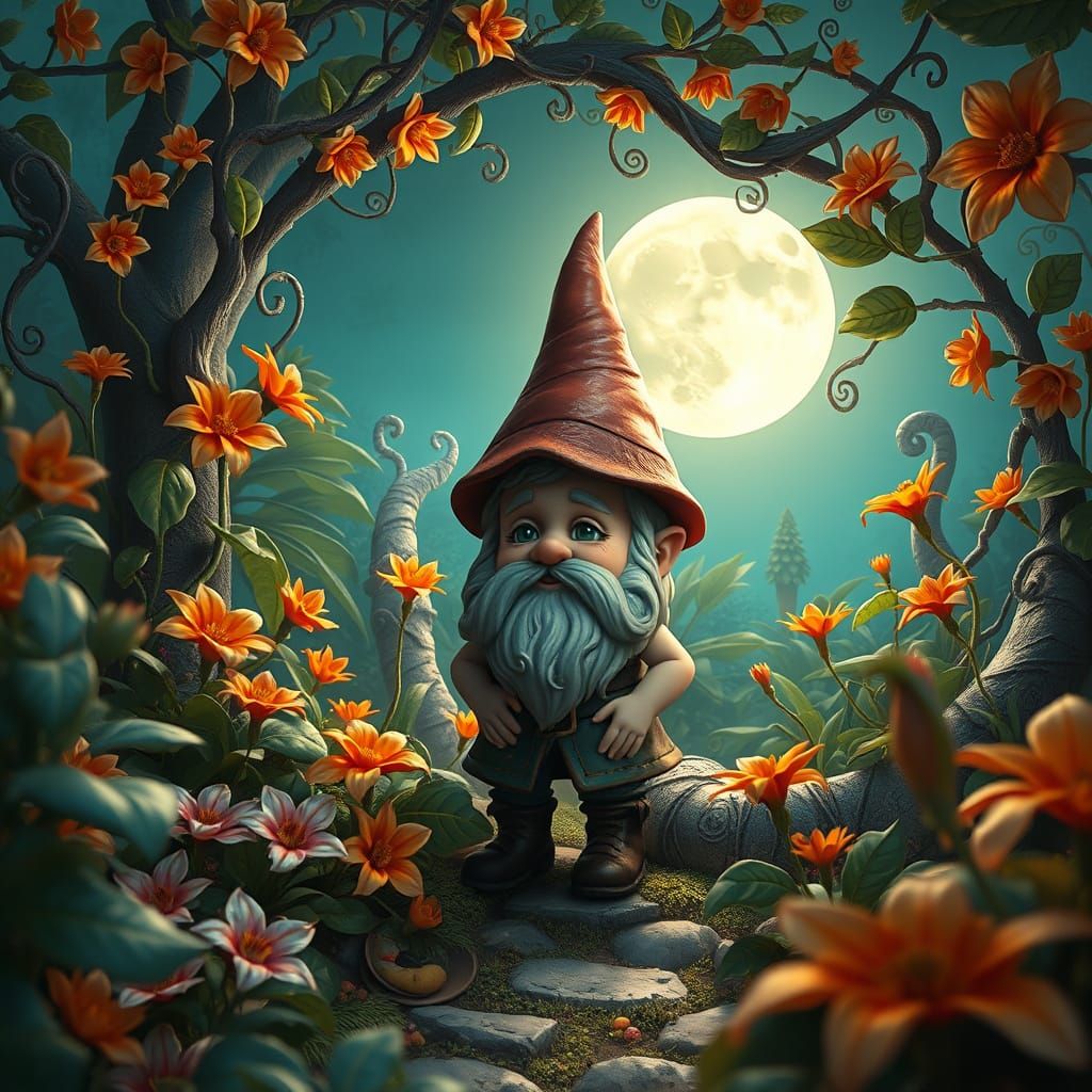 Whimsical Moonlit Garden Scene with Gnome