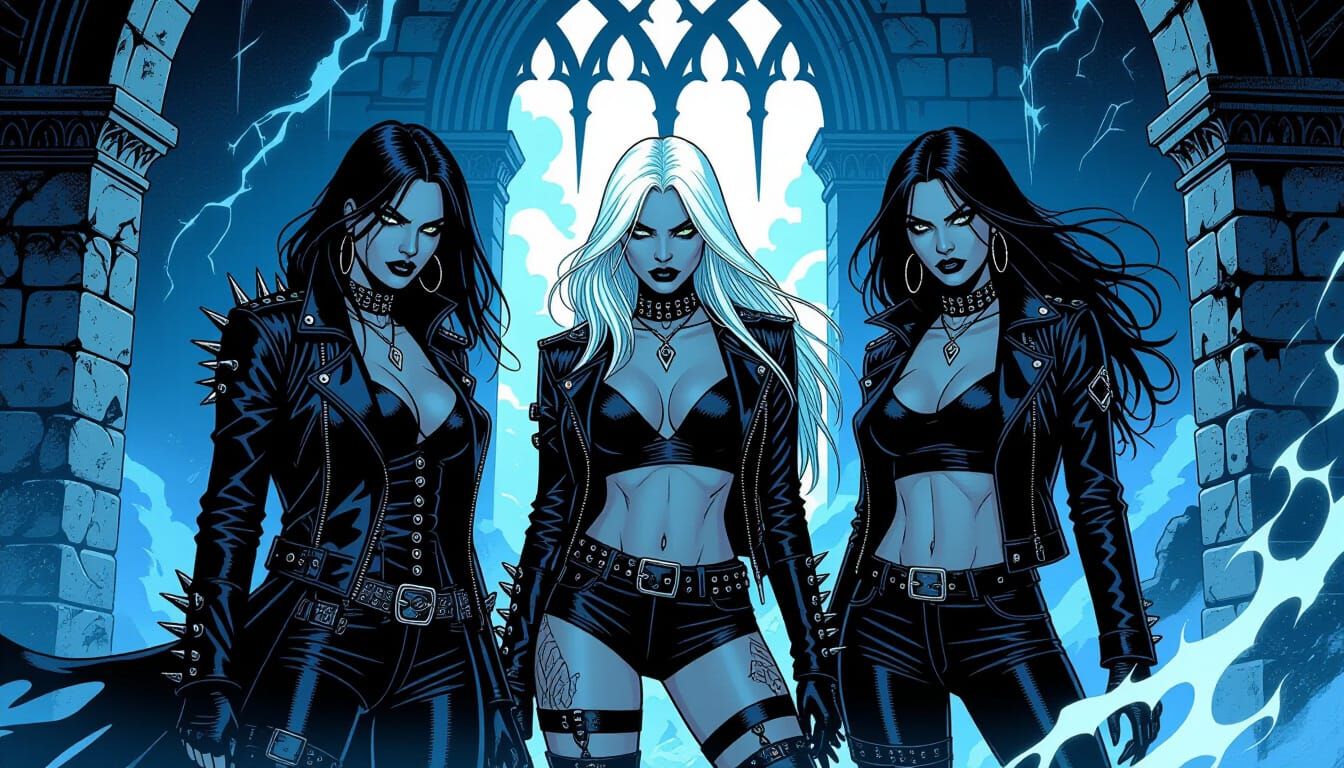 Gothic-Punk Witches in Storm-Lit Ruins