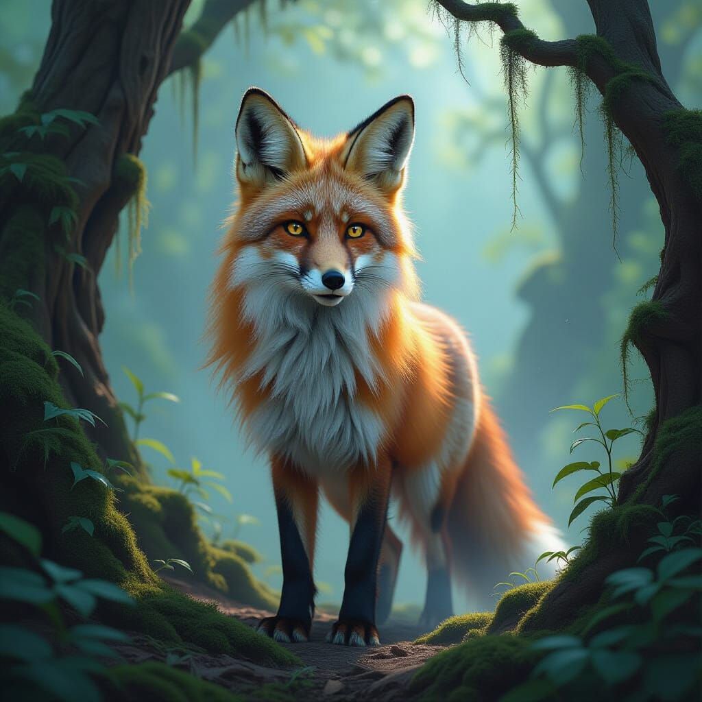Majestic Fox in Misty Ancient Forest