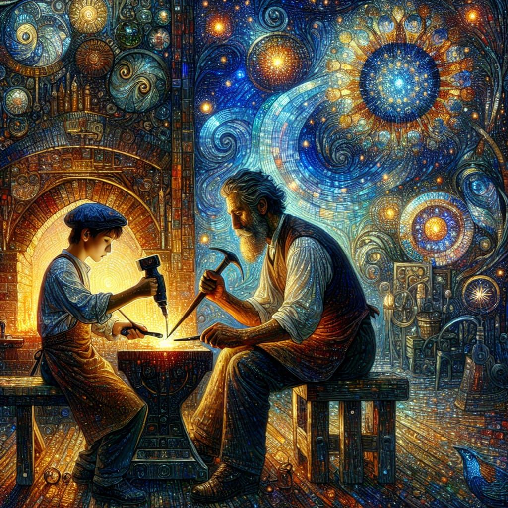 Blacksmith and Apprentice Under Starry Night Sky