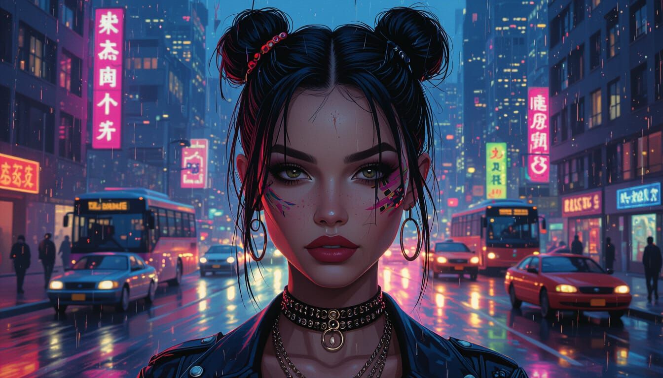 City Punk Woman Silhouetted in Vibrant Neon Cityscape