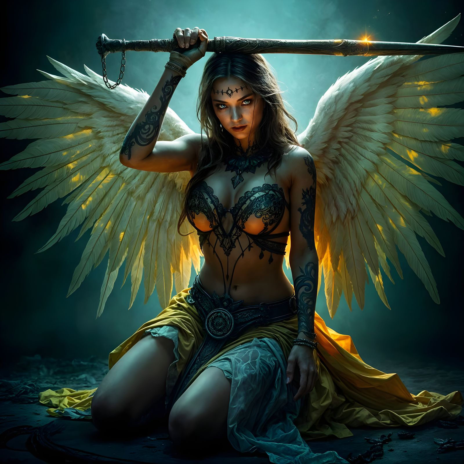 Gothic Valkyrie Queen with Iridescent Eyes and Feathered Win...