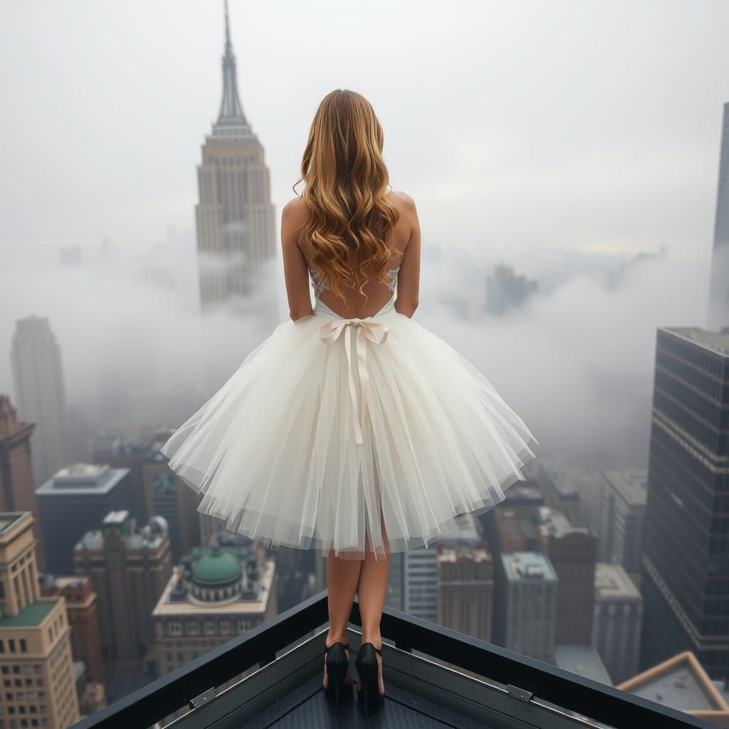 Ethereal Ballerina in a Foggy Cityscape