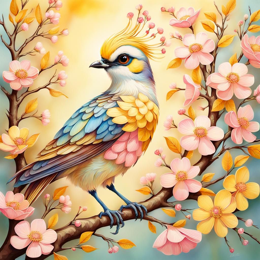 Whimsical Bird Illustration in Pastel Colors