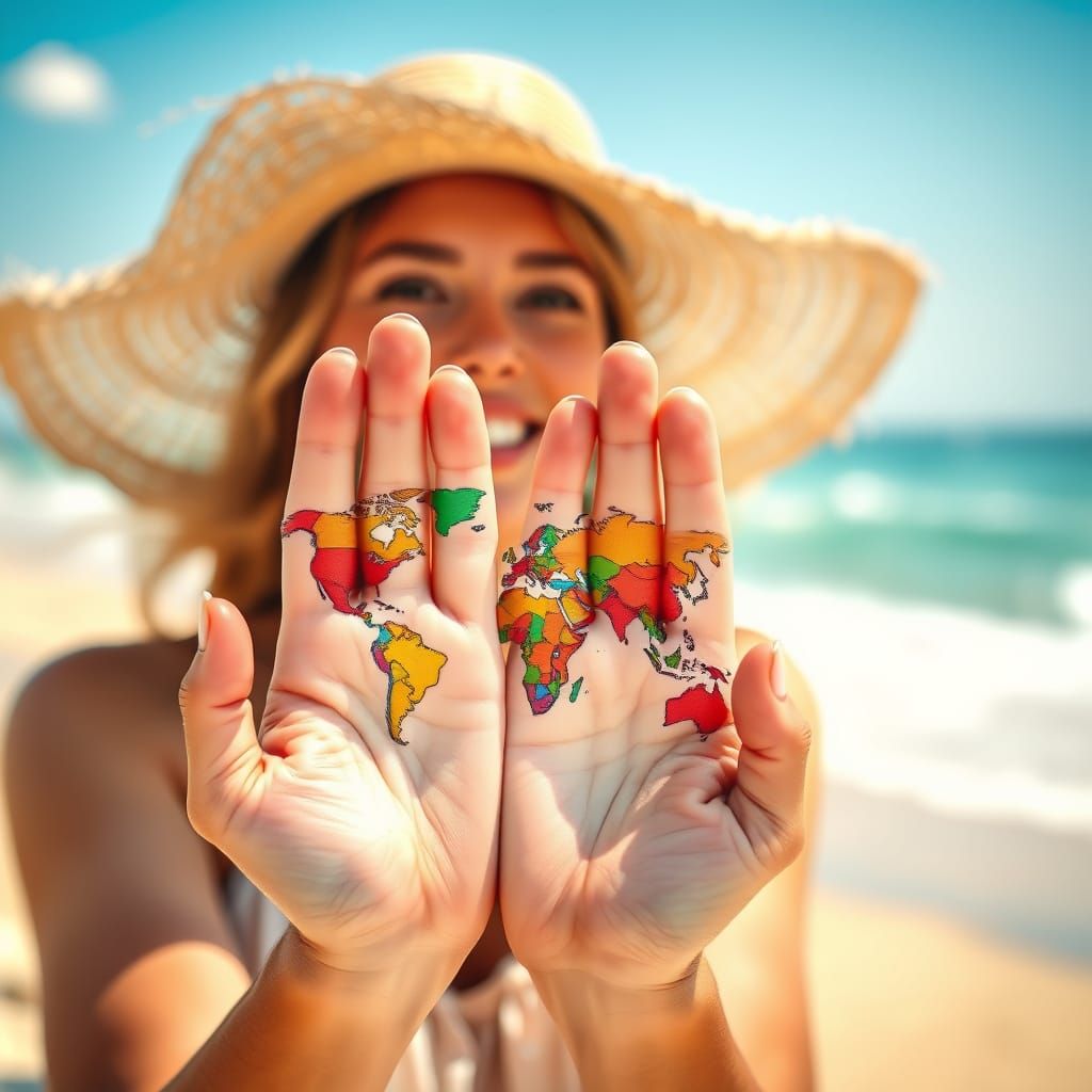 Elegant Hands Adorned with a Vibrant World Map in Pastel Ton...