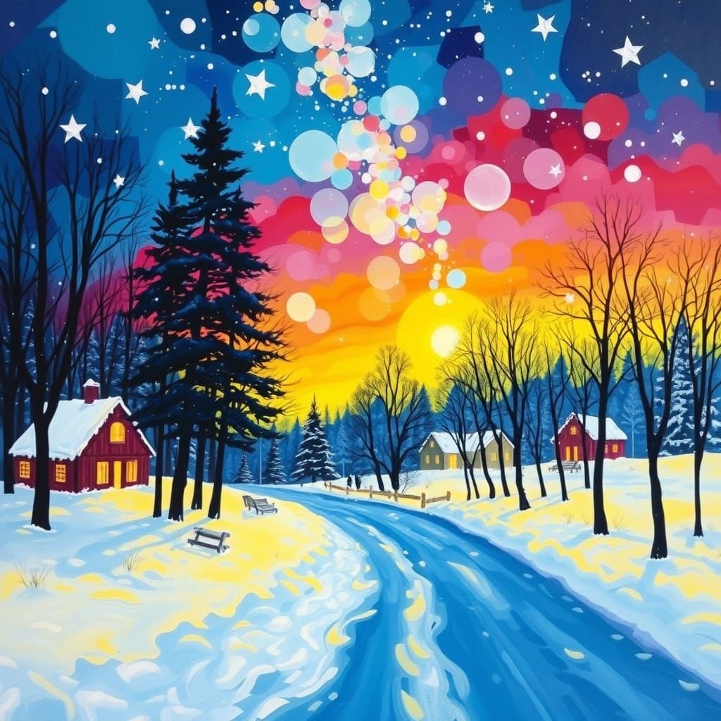 Magical Winter Landscape in Abstract Acrylic Style