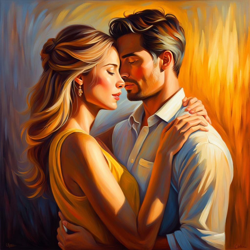 Warmly Entwined Couple in Soft Oil Painting