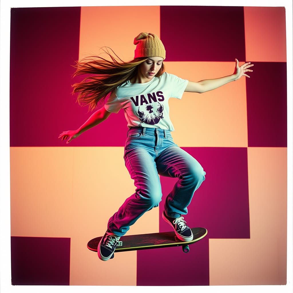 Retro Female Skater in Mid-Air with Neon Accents